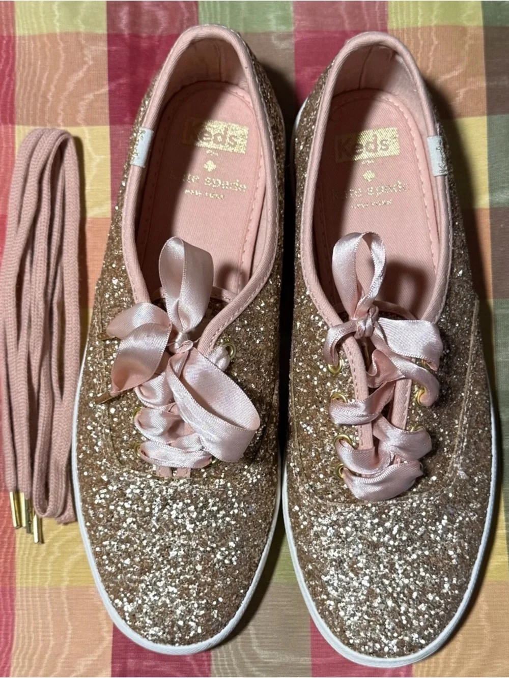 kate spade Gold Glitter Sneakers with Pink Satin Ribbon Laces - Picture 6 of 10